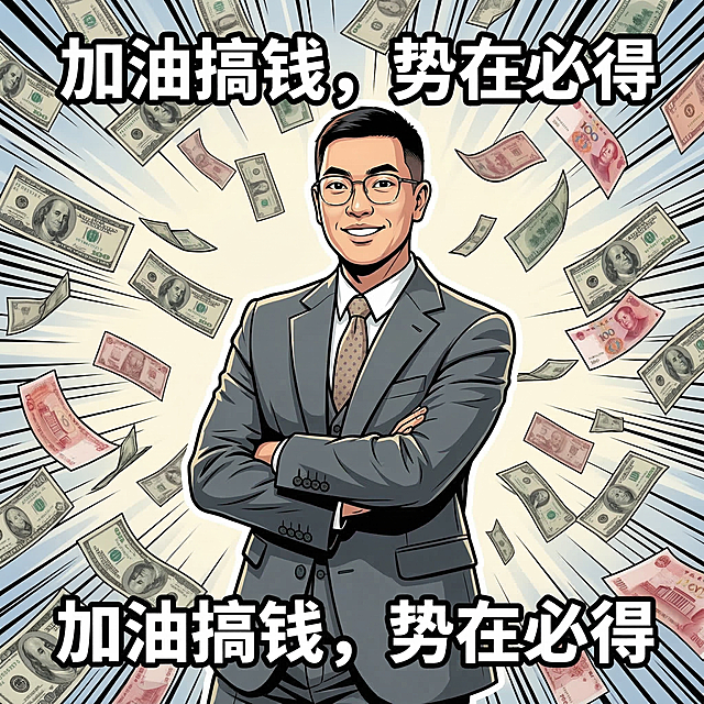 基于原图人物，生成正方形半身漫画表情包，添加带黑色描边的白色文字“加油搞钱，势在必得”，背景添加大量钞票飘落，保持漫画风格