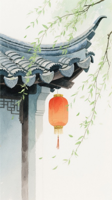 水彩插画风格，中国传统建筑屋檐特写，青灰色瓦片层层叠叠，瓦当纹理清晰，檐角微微上翘，垂下嫩绿的柳枝，枝条细长，柳叶轻盈飘逸，部分叶片随风飘落，屋檐下悬挂一个橙红色灯笼，灯笼顶部有金色装饰，底部流苏自然下垂，整体色调清新淡雅，色彩过渡柔和，留白充足，营造出宁静雅致的春日氛围，笔触富有水彩特有的透明感和晕染效果，画面简洁却充满东方韵味。预览效果