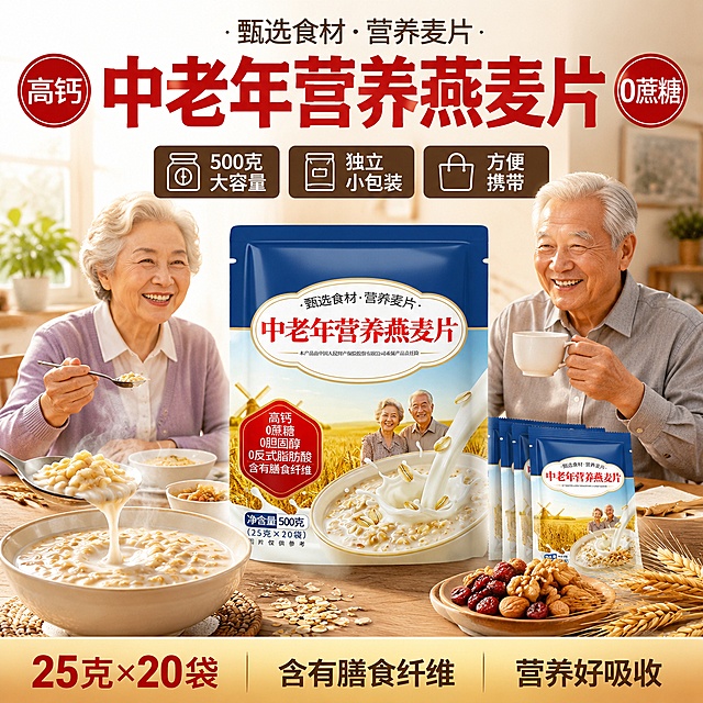 [单张主图] 中老年营养燕麦片 爆款促销感主图 拼多多风格 顶部大标题型版式 突出食欲感与长辈健康场景 刺激购买欲望。
[画面主体] 中老年营养燕麦片袋装产品居中偏下，占画面约50%，正面略微倾斜展示，包装完整清晰；保持产品外观（即物理结构、材质质感、颜色、文字排版、红蓝白配色）与输入产品图完全一致，杜绝任何变形和色差，精细化处理；包装上的品牌名、产品名、净含量、卖点标识均清晰可读。产品左前方摆放一碗冒着热气的冲好燕麦片，勺子舀起一勺燕麦，奶液拉丝滴落，燕麦颗粒饱满浓稠；产品右前方堆叠3-4小袋独立包装的燕麦片，展示独立小袋形态，方便携带的直观感受。
[构图版式] 采用顶部大标题型爆款版式；顶部约30%区域放品牌位和超大主标题，中部产品主体+碗装燕麦+独立小袋，底部约20%通栏信息条承接规格与服务权益。
[场景元素] 背景为温馨的居家餐厅场景，浅木色餐桌，柔和的晨光从左侧窗户洒入，窗台上有绿植点缀；中后景餐桌旁坐着一对慈祥的老爷爷和老奶奶（约65岁左右，面带温暖笑容，老奶奶穿浅紫色针织开衫内搭白衬衫，老爷爷穿浅灰色衬衫），两人正准备享用早餐，老奶奶手拿勺子，老爷爷端着杯子，神情愉悦健康，人物位于产品后方两侧，不遮挡产品主体，人物半身构图，作为使用场景氛围；前景有散落的燕麦粒、麦穗装饰、一小碟坚果配料，增加食欲感与层次感；画面整体满铺无边框，居家温馨感强。
[文案版式] 顶部居中排版：最上方小字「甄选食材·营养麦片」，深棕色细体；下方超大粗黑体主标题「中老年营养燕麦片」，正红色大字，字号最大最醒目；主标题左右两侧各一个圆形红章样式标签，左侧「高钙」，右侧「0蔗糖」，白字红底；主标题下方排列3个圆角矩形卖点卡，横向排列，分别为「500克大容量」「独立小包装」「方便携带」，深棕底白字，图标+文字组合；底部通栏暖金色渐变条，左侧大字「25克×20袋」，中间「含有膳食纤维」，右侧「营养好吸收」，文字清晰分层；所有文字不遮挡产品主体与人脸，放在负空间。
[光影质感] 左侧晨光为主光，暖黄色调，柔和漫射，产品正面受光均匀，碗中燕麦有通透光泽，奶液拉丝有高光点缀；右侧辅光补光，暗部有层次，餐桌有柔和投影；整体光线温暖柔和，营造健康温馨的早餐氛围，商业摄影质感，画面干净高级，有生活气息。
[配色字体] 主色：正红、深蓝（取自产品包装）；辅色：暖金、麦色、浅木色、奶白（取自居家场景与燕麦）；强调色：暖金色；字体：粗黑体为主，主标题厚重有力有冲击力，辅助文案清晰易读，字号层级分明，主标题比辅助文案大2倍以上。
[比例分辨率] 1:1比例，2048×2048像素，2K分辨率，文字清晰锐利，超高清商业摄影质感。
[负向提示词] 变形，文字错乱，产品图模糊，背景杂乱，水印，电商平台Logo，多余的手，多余的手指，畸形手，融合手指，手部扭曲，肢体穿模，人物面部扭曲，关节反折，人物遮挡产品主体，文字压脸，低清晰度，伪Logo，主体遮挡。