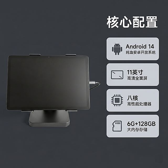 [主图 2] 智能收银平板核心参数展示主图，科技简约商务风格；商业摄影质感、光线柔和通透、产品清晰真实、画面干净高级；保持产品外观（物理结构、材质质感、颜色）与输入产品图绝对一致，杜绝任何变形和色差，精细化处理；产品主体居左，右侧分四栏卡片阵列展示四大核心参数卖点，每栏带圆角浅灰底卡片，图标配文字；商品主体占比约60%，画面满屏无边框；光影：冷调均匀布光，金属边框高光自然，参数区域柔和无影；配色：深灰背景，黑色产品，白色文字，浅灰卡片，对比清晰；视角构图：平视中心构图，分区布局均衡；文字版式：标题大字"核心配置"在右上，分四个卡片分别列出"Android 14" 纯血安卓开放系统、"11英寸" 高清全面屏、"八核" 高性能处理器、"6G+128GB" 大内存存储，文字清晰排版整齐，不遮挡产品主体；比例分辨率：1:1 比例，2k 分辨率，文字清晰锐利，画面超高清；负向提示词：变形，水印，文字错乱，产品图模糊，背景杂乱