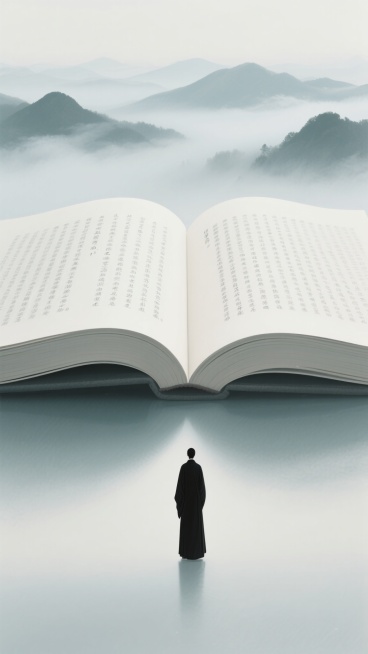 极简中国风插画，淡雅青灰色调，柔和漫射光源，朦胧远山云雾背景，巨大翻开的书本占据画面主体，书页布满细密竖排文字，书脊厚重，书页边缘自然卷曲，一位身着黑色长袍的人影站立在书本前下方，整体构图简洁空灵，营造宁静悠远、富有文化底蕴的氛围，背景远山轮廓柔和，云雾轻盈飘逸，画面层次分明，色调和谐统一，充满东方意境的留白之美。预览效果