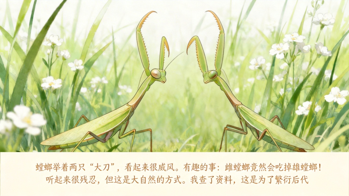 在第7页配图上添加文字：螳螂举着两只“大刀”，看起来很威风。有趣的事：雌螳螂竟然会吃掉雄螳螂！听起来很残忍，但这是大自然的方式。我查了资料，这是为了繁衍后代，文字与画面风格统一预览效果
