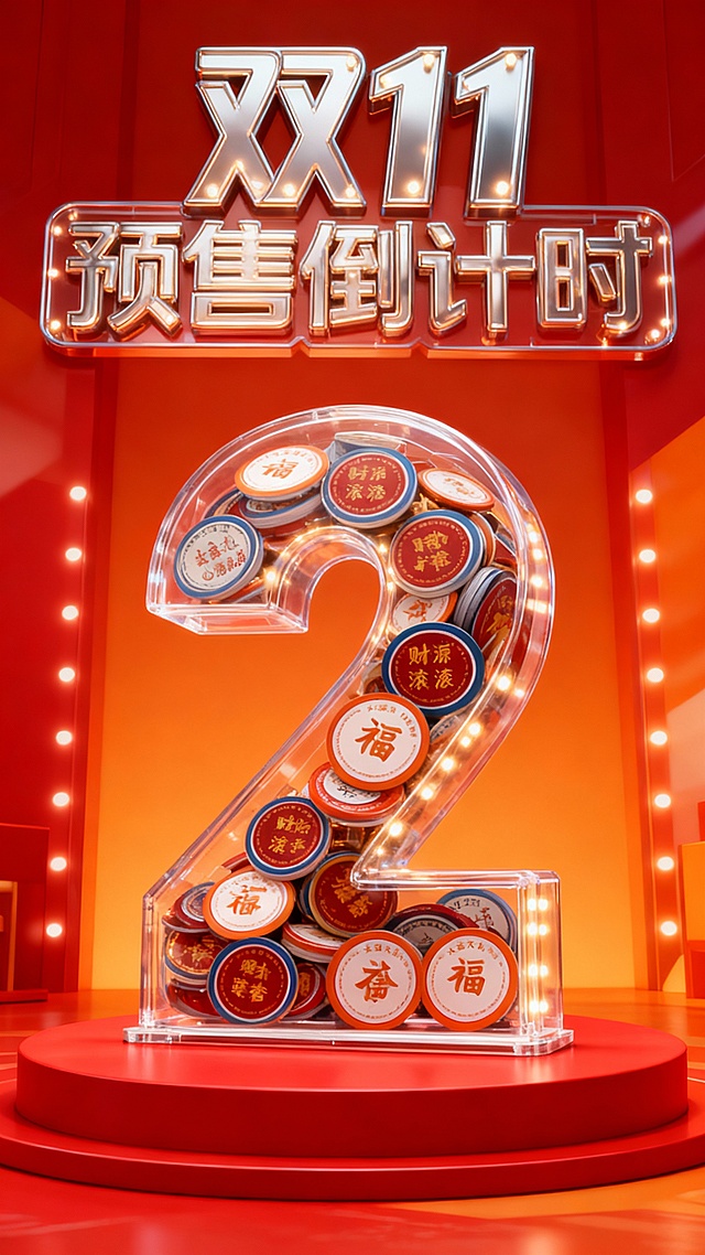 将图中的商品裂变出无数个（商品比例外观一致），通过旋转堆叠的方式填充到“2”数字形状的透明容器中，透明容器被商品填满不留一丝空隙。“2”立在红色展台上，背景是红橙促销氛围，灯光装饰容器，画面上方为金属时尚大字灯牌“双11 预售倒计时”。