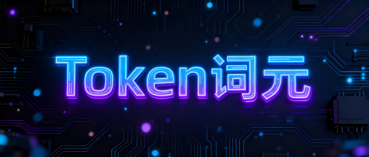 科技炫酷风格设计，画面中央展示清晰文字“Token 词元”，未来感赛博字体，带有蓝色紫色霓虹发光效果，深色科技感背景，带有电路纹理和光效粒子，整体充满未来科技感预览效果