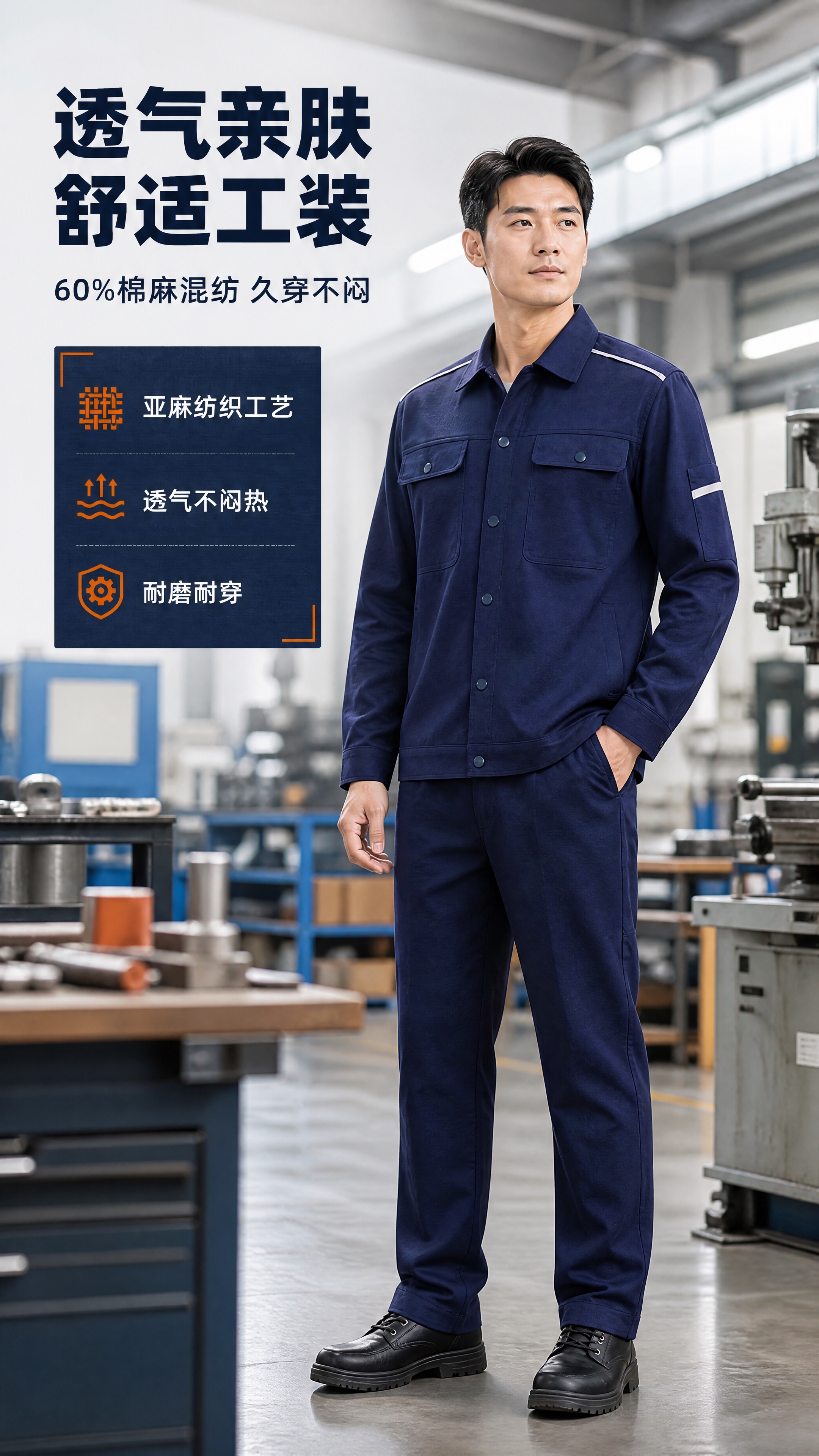 [商品] 使用【图1】藏青色长袖翻领工装工作服；商品处理：保留… - 图片创意预览