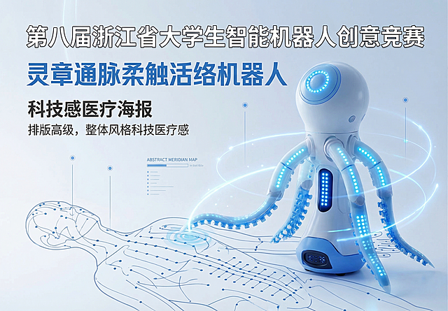 第八届浙江省大学生智能机器人创意竞赛 灵章通脉柔触活络机器人，科技感医疗海报，蓝白主色调，章鱼机器人，排版高级，整体风格科技医疗感