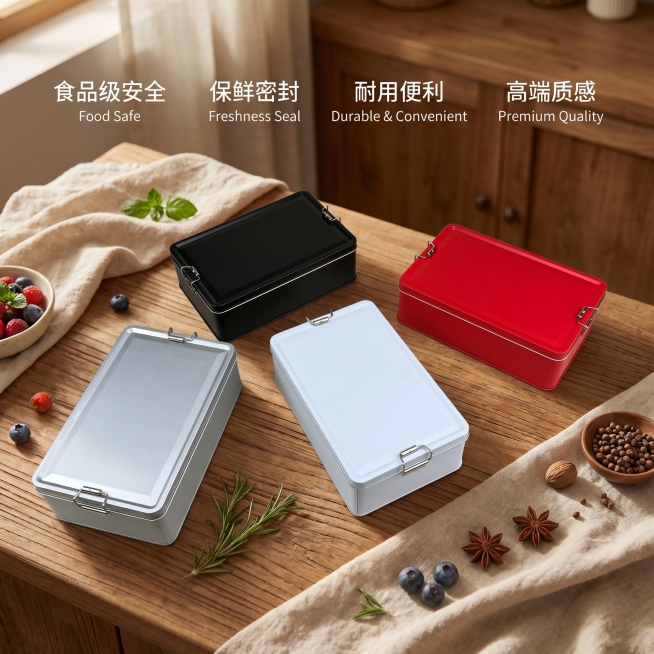 产品主图，食品级马口铁卡扣盒，展示四种颜色的马口铁卡扣盒，安全、保鲜、耐用、便利、高端，温馨舒适家居治愈风，适配1688平台，画面干净简约，突出产品质感预览效果