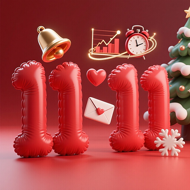 红充气数字 “1111”，搭配铃铛、图表、闹钟等元素，洋溢圣诞双 11 氛围