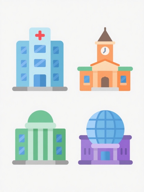 一套4个不同公共建筑设施的扁平化图标设计集合，规整排列在白色纯色背景上。每个图标均采用简约的矢量风格，轮廓清晰，色彩鲜明且整体协调统一但各图标主色调不同，包含光滑的渐变填充和简洁的线条勾勒，无阴影效果，呈现出干净利落的现代设计感。第一个图标是顶部带有红色十字标志的多层医院建筑，主体为浅蓝色；第二个图标是带有钟楼和尖顶的学校建筑，主体为橙色；第三个图标是带有圆形穹顶和多根立柱的博物馆建筑，主体为……预览效果