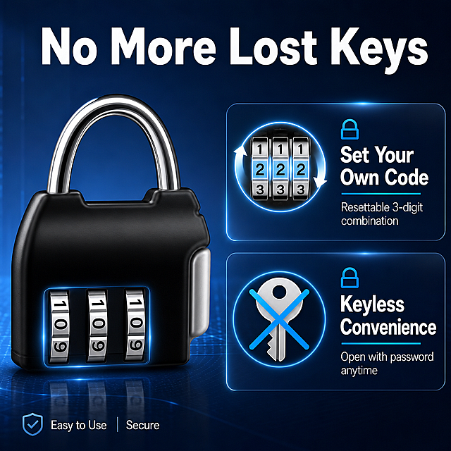 [主图2] 3-Digit Combination Padlock 密码开锁功能展示图。三位密码轮特写+自定义改码说明。
[氛围风格] 功能解析风，清晰专业，科技感，亚马逊跨境信息图风格。
[画质] 商业摄影质感、密码轮清晰锐利、功能表达明确、画面干净专业。
[元素] 黑色密码挂锁位于画面左侧，占画面约40%，三位密码轮正面朝向观众，数字清晰可见；锁的外观与输入产品图完全一致：三位数字密码轮、U型金属锁梁、迷你机身、侧面按钮；右侧为功能说明区，用图标+文字展示两大核心功能：上方图标为密码轮转动示意，说明可自定义密码；下方图标为钥匙打叉符号，说明无需钥匙；背景为深蓝色渐变，带细腻的科技感纹理；密码轮区域有柔和的发光效果，突出核心功能；整体画面信息清晰，功能表达明确。
[光影] 正面柔光照明，确保密码轮数字清晰可读；金属锁梁有自然高光；右侧功能区有柔和的卡片光效；整体明亮干净，科技感强。
[配色] 主色：深蓝色科技背景；主品色：黑色密码锁+银色密码轮；强调色：冰蓝色图标和高亮；整体冷色调专业科技感。
[视角构图] 左右构图，左产品右信息；密码锁为视觉中心，右侧功能卡片辅助说明；阅读动线：左密码锁 → 右上功能1 → 右下功能2。
[文字版式] 顶部主标题 "No More Lost Keys" 粗体无衬线，白色大号；右侧两个功能卡片，每个卡片含图标+标题+说明：卡片1标题 "Set Your Own Code"，说明 "Resettable 3-digit combination"；卡片2标题 "Keyless Convenience"，说明 "Open with password anytime"；左下角小号文字 "Easy to Use  Secure"；所有文字为英文，清晰可读。
[比例分辨率] 1:1 比例，1K分辨率，文字清晰锐利，超高清商业摄影质感。
[负向提示词] 变形，水印，错字，糊字，伪Logo，主体遮挡，背景杂乱，低清晰度，错误结构，白底，纯白背景，防盗刷标识，防水标识，中文文字。