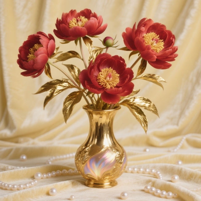 淡黄色丝绒质地背景上，鎏金花瓶插几支盛放芍药，芍药花瓣火红，花蕊为金色，芍药叶子是金色的，瓶身流淌着霞光，珍珠散落在周围预览效果
