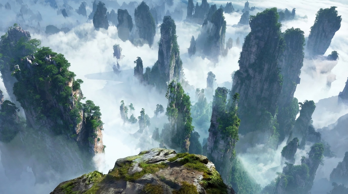 玩家第一视角平视镜头，站在山峰边缘平视前方的云海和奇峰景观,去除原图中的人物和飞行动物,仿佛身临其境的体验,16:9宽屏比例预览效果