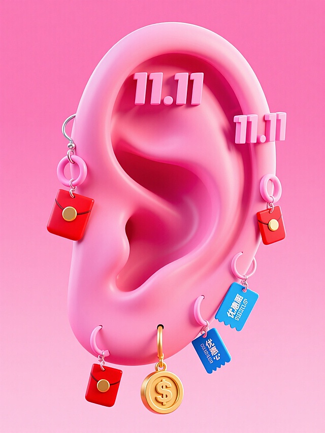 耳朵上挂满耳环的特写，耳环造型分别是：“11.11”、红包、金币、优惠券，粉色背景
