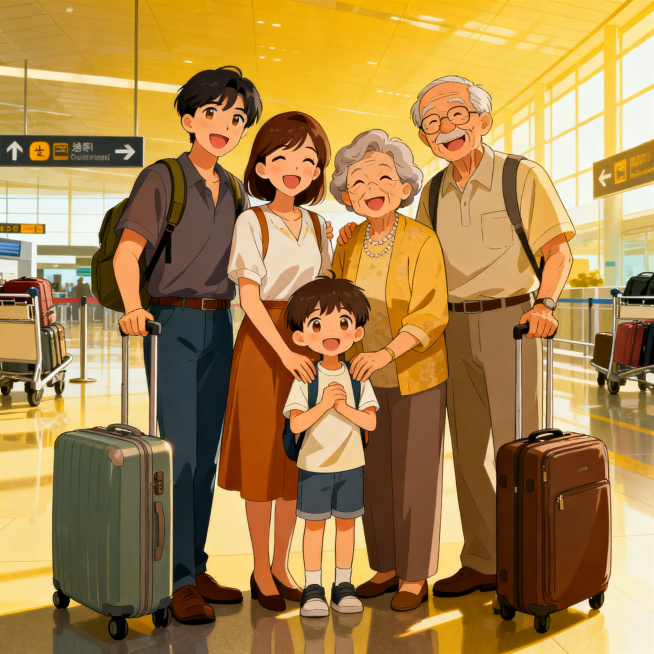 温馨一家人准备去旅游，一共五口人，包含爸爸妈妈、爷爷奶奶和一个小孩，所有人紧紧挨在一起站位紧凑，大家都开心地笑着看向镜头，整体氛围幸福温馨，动漫风格，机场出发场景，父母拖着行李箱预览效果
