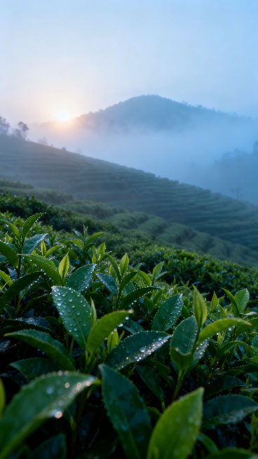 武夷山茶园晨景图，清晨雾气缭绕，绿色茶园层层叠叠，远山朦胧，清新自然预览效果