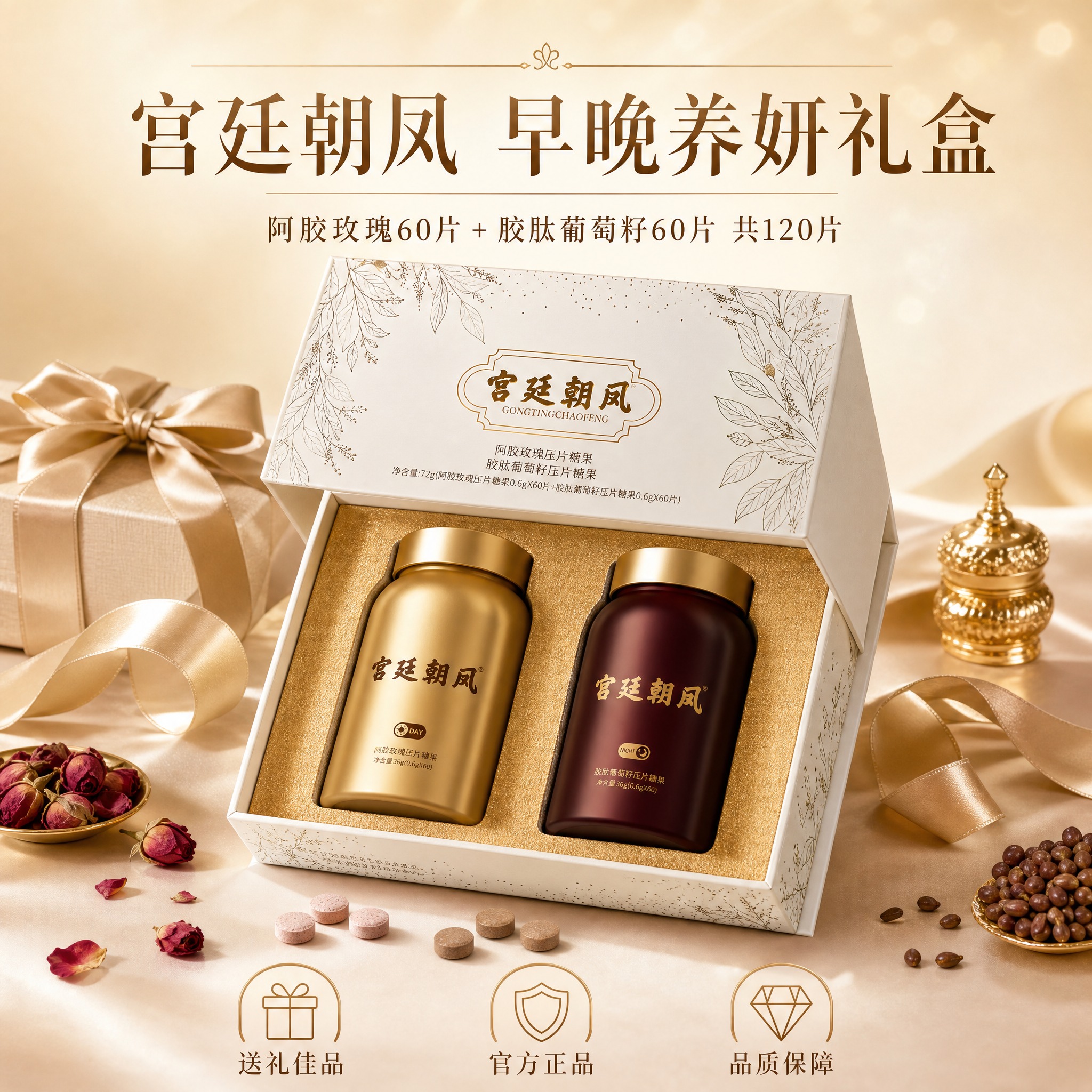[主图-5] 宫廷朝凤 阿胶玫瑰+胶肽葡萄籽压片糖果套盒 全家… - 图片创意预览