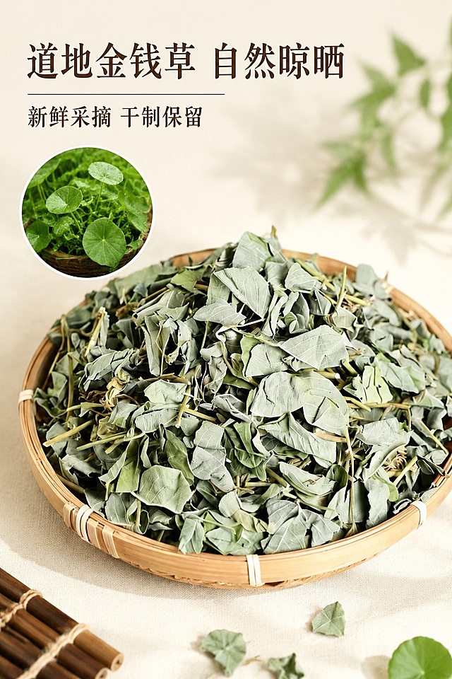 [第3屏] 原料介绍-新鲜金钱草展示。本屏使用【图7】作为商品主体，【图6】新鲜原料辅助展示。
[氛围/风格] 清新自然健康风格，浅素色背景，新鲜真实摄影质感。
[元素布局] 竹匾晾晒的干金钱草占据画面中心位置，占比约70%；顶部预留主标题区域；左上角小图展示新鲜采摘金钱草；保留干金钱草叶片形状、颜色、质感与输入产品图一致。
[光影质感] 自然侧光照明，叶片纹理清晰可见，整体通透干净。
[配色色系] 全局底色 #F8F5E6；主色叶片自然灰绿；辅助色竹编原色、深棕标题文字。
[视角构图] 正面平视，主体产品位于中心，阅读动线从上到下。
[文字版式] 版式为顶部标题 + 中心主体 + 左上角小图。主标题「道地金钱草 自然晾晒」，副标题「新鲜采摘 干制保留」，两行温润宋体左对齐；文字不遮挡主体。
[比例分辨率] 9:16 竖版比例，4K分辨率，文字清晰可辨，高清画质。
[负向提示词] 原料变形，缺件错件，颜色偏差，水印，文字错乱，产品图模糊，背景杂乱