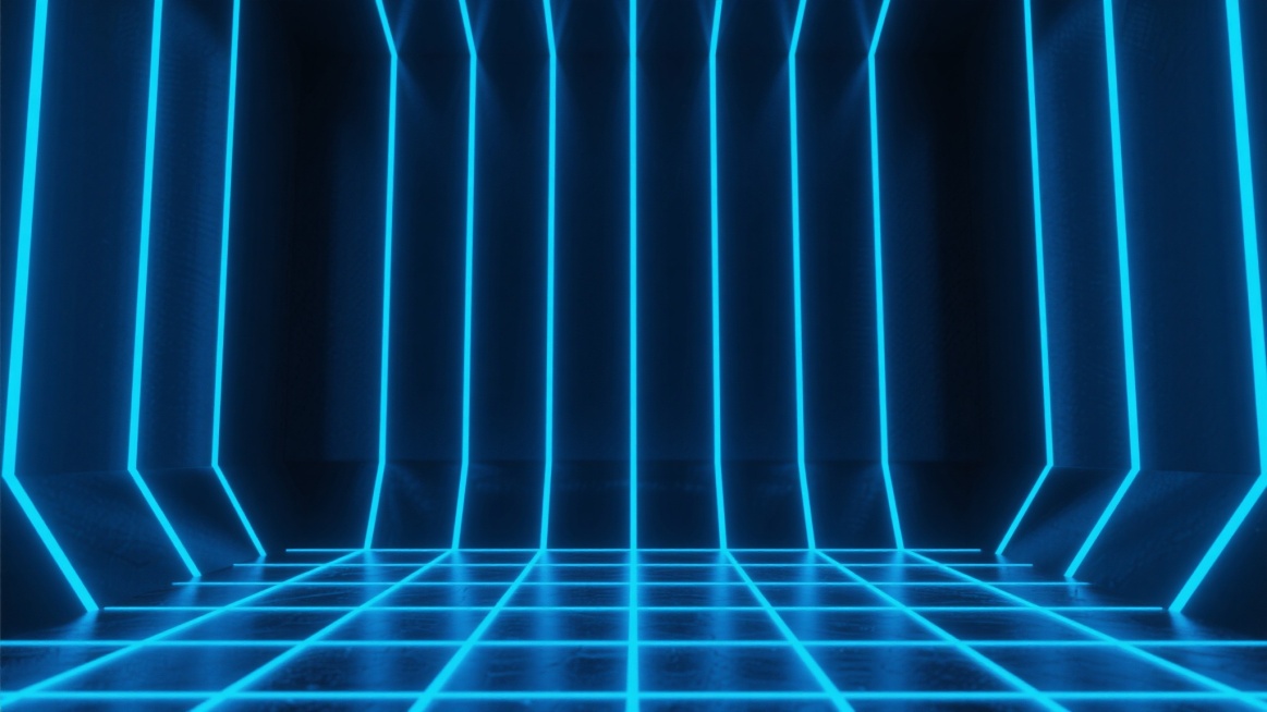 深邃的科技感背景，以深蓝色和亮蓝色为主色调，垂直排列的发光线条从顶部延伸至底部，地面是由蓝色网格线构成的发光平面，线条和网格边缘有明亮的高光效果，整体呈现出未来感和数字化的氛围，光线柔和且具有层次感，营造出神秘而充满科技力量的空间感。预览效果