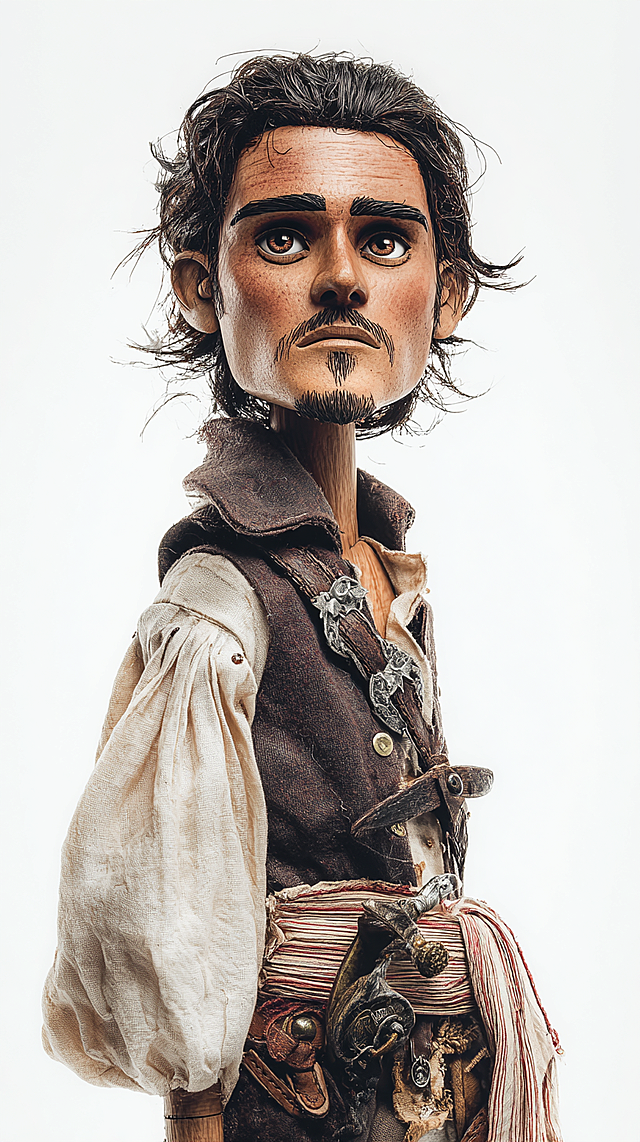 复古风木雕人偶，融合古典质朴与3D重拟物设计，细节浮雕质感十足，呈现手工粘土风格的细腻纹理。