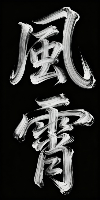 艺术字体“风霄”，笔画扭曲变形、流动，粗细线条交替，具有强烈的动感和设计感，干净的黑色背景，抽象艺术风格，特写视角，营造独特氛围，呈现传奇大师作品风格，整体飘逸灵动预览效果