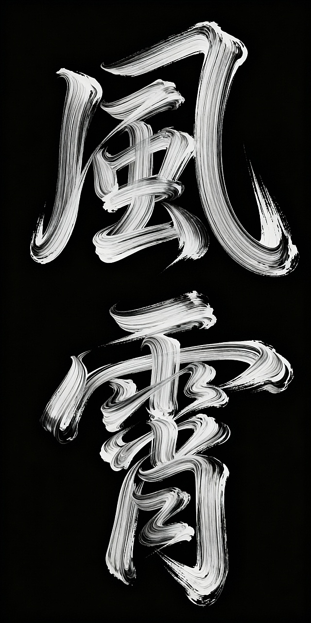 艺术字体“风霄”，笔画扭曲变形、流动，粗细线条交替，具有强烈的动感和设计感，干净的黑色背景，抽象艺术风格，特写视角，营造独特氛围，呈现传奇大师作品风格，整体飘逸灵动
