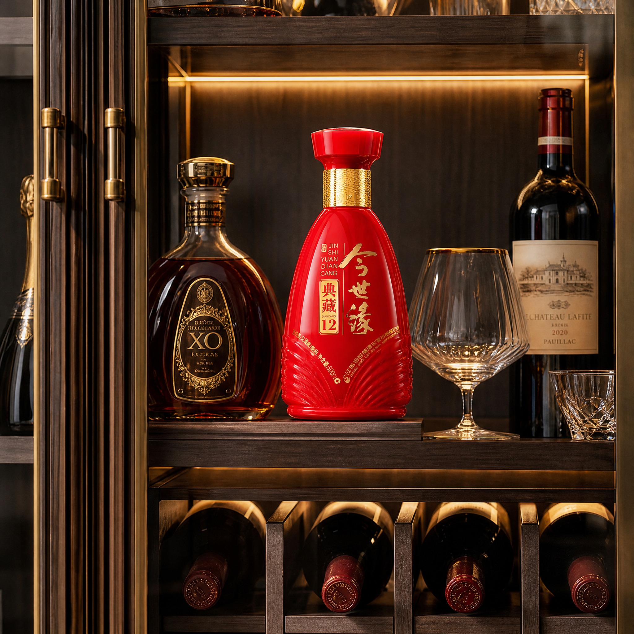 产品场景图，1:1比例。场景为现代家居酒柜/展示柜场景，深色木… - 图片创意预览