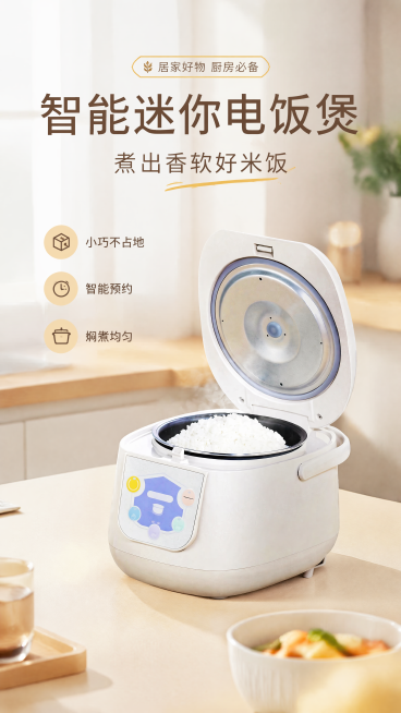商品营销海报，设计风格为写实商业摄影，现代简约干净清新厨房场景，整体色调柔和明亮。主标题文字为"智能迷你电饭煲"，副标题文字为"煮出香软好米饭"，卖点文字放在画面负空间："小巧不占地""智能预约""焖预览效果