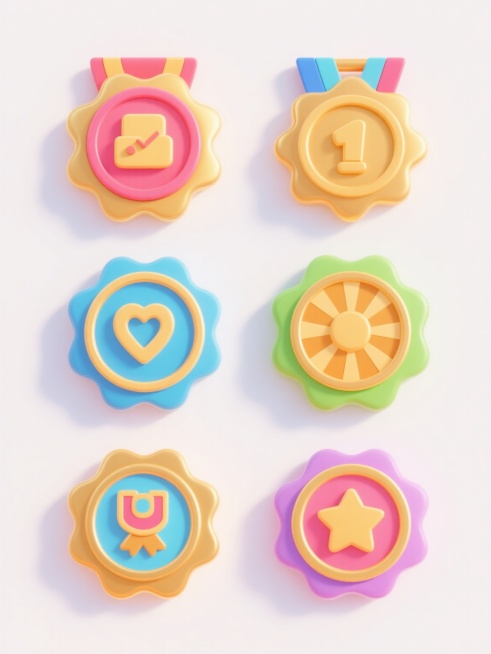 6个不同样式、不同材质的勋章，每个勋章都具有圆润饱满的卡通风格，色彩鲜艳明快，带有明亮的高光和柔和的阴影，呈现出光滑的塑料质感，勋章边缘有波浪形的金色轮廓，内部设计各异，包括不同的图标和放射状背景图案，所有勋章在纯白色背景上呈两行三列整齐排列，整体构图均衡对称，视觉层次清晰，传达出欢快、积极的氛围。预览效果