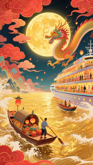 整体红金色调，热闹氛围。画面含金黄圆月，一只唐代小船（船身绘云纹，满载节日物资，唐代船工挥汗）和一艘现代豪华邮轮（甲板有中秋赏月人群、邮轮灯光璀璨），一道洒金的浪花阻隔在中间，背景是同一片金色的海，水预览效果