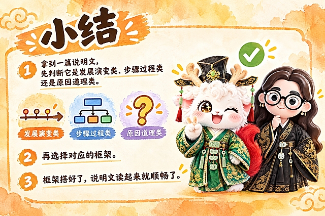横版6寸比例的知识卡片设计，标题为"小结"，内容分三点：拿到一篇说明文，先判断它是发展演变类、步骤过程类还是原因道理类；再选择对应的框架；框架搭好了，说明文读起来就顺畅了。画面中央有三个图标（时间轴、流程图、问号）并排，右侧放置两个Q版国风IP形象：一个是比出V字剪刀手、眨眼开心的白色毛绒瑞兽（穿绿色汉服戴官帽），旁边有绿色对勾符号，另一个是戴黑框眼镜、穿黑色金龙纹汉服的卡通女孩，整体风格温暖知性，暖橙黄色水彩风背景，与费曼复述卡系列风格统一，排版简洁大气，适合打印