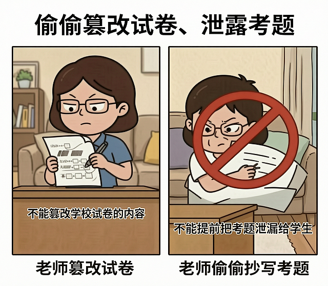 「图片1」左边“不能篡改学校试卷的内容”字体改为“不能提前把考题泄漏给学生”同样的字体，黑字，白边。除了两幅图，其他画布的颜色都要改为白色