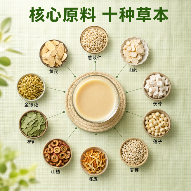 [主图-2] 九润清舒粉核心原料展示图。以冲调好的浅米色粉剂冲饮为中心，周围用细线连接十种原料实物，每种原料旁标注对应名称。背景为浅亚麻布肌理，浅绿低饱和度底色，整体干净通透。商业摄影质感，微距突出每预览效果