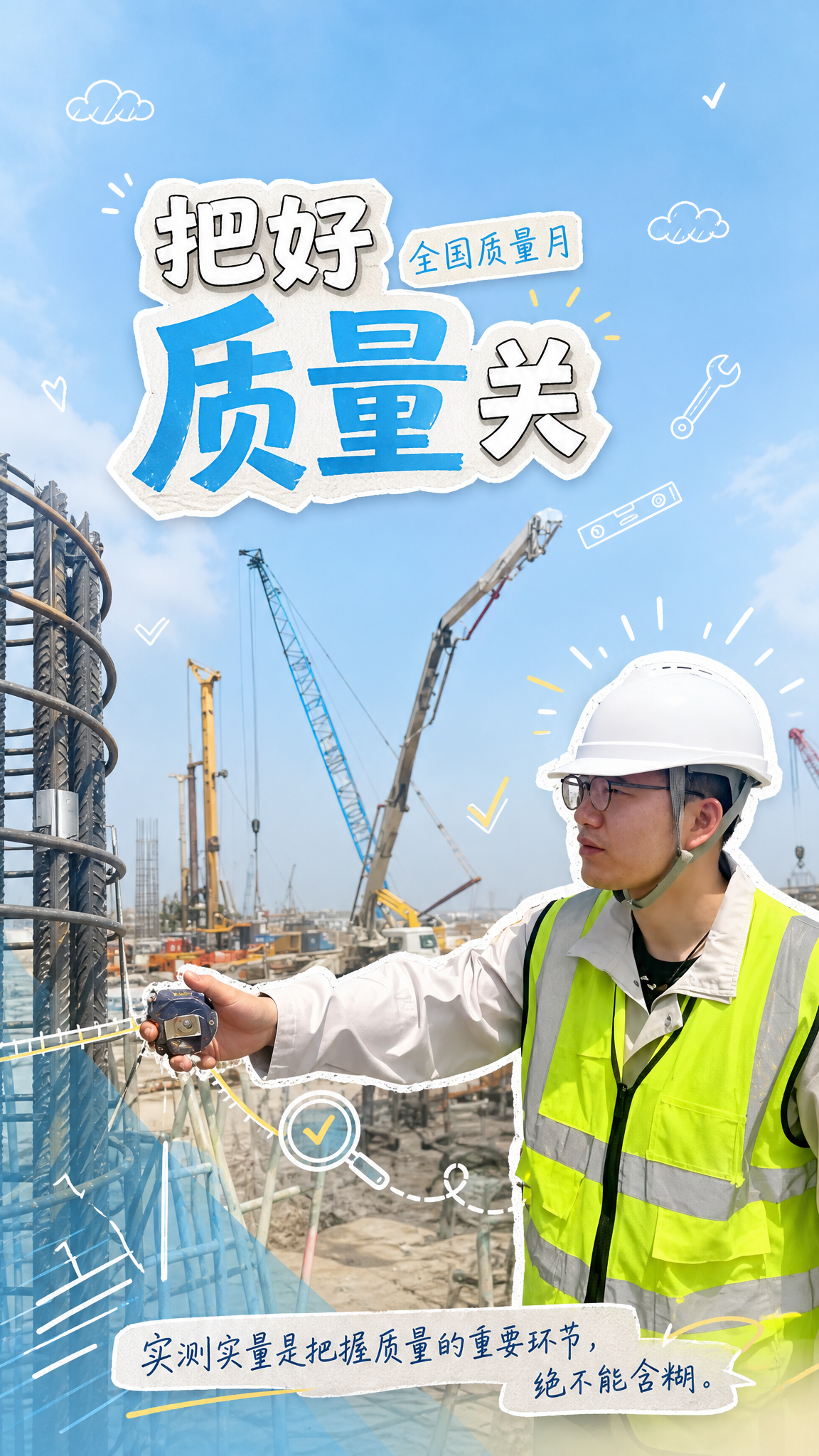 基于这张工地青年工程师工作照片，制作全国质量月主题手机海报。… - 图片创意预览