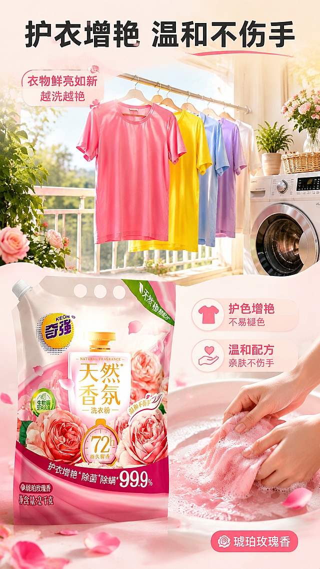 [第3张] 详情页使用场景页-奇强天然香氛洗衣粉护色增艳+温和不伤手场景展示。本张使用【图1】作为商品主体。
[氛围/风格] 温馨居家生活感，柔和自然，商业摄影质感，抖音快手移动端竖版详情页。
[元素布局] 画面上半部分为阳台洗衣场景：洗衣机旁晾晒着色彩鲜艳的衣物，衣服色泽鲜亮如新，体现护色增艳效果；画面下半部分左侧放置洗衣粉袋，占比约35%，右侧展示一双白皙的手正在轻柔搓洗衣物，体现温和不伤手；背景为明亮的居家阳台，有绿植和柔和自然光；点缀玫瑰花瓣增加香氛氛围。
[光影质感] 自然窗边柔光，从右上方照射，衣物有柔和光泽，手部皮肤细腻真实，整体温暖明亮。
[配色色系] 全局底色 #FFF3E0 暖白渐变至 #FCE4EC 粉色；主色玫粉 #EC407A；辅助色暖橙 #FFB74D、绿色 #81C784。
[视角构图] 上下分栏布局，上场景下产品+手部，阅读动线从上到下。
[文字版式] 顶部主标题「护衣增艳 温和不伤手」，黑体加粗；上半场景角落小字标注「衣物鲜亮如新 越洗越艳」；下半部分产品旁配两个卖点标签「护色增艳 不易褪色」「温和配方 亲肤不伤手」；右下角标注「琥珀玫瑰香」小标签；文字不遮挡主体。
[比例分辨率] 9:16 竖版比例，4K 分辨率，文字清晰可辨，高清画质。
[负向提示词] 包装变形，文字错乱，颜色偏差，缺件错件，水印，产品图模糊，背景杂乱，文字过小。