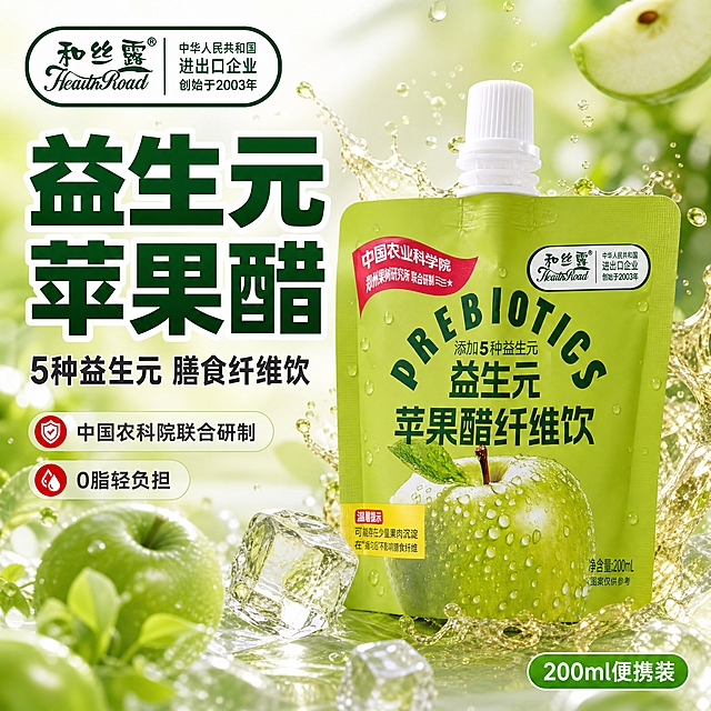 [主图-1] 首图点击率，突出益生元苹果醋纤维饮的清爽食欲感与核心卖点。
[统一基调] 抖音风格，场景化强视觉冲击，清新自然食欲感，背景以青苹果绿与浅白渐变为主，标题字色为深绿配白色描边，辅助字为深灰，强调色为苹果红，字体为粗黑体厚重有力，字号层级分明，卡片为圆角半透明浅绿底。
[画面] 产品吸嘴袋居中偏右，占画面65%，袋身完整展示正面标签，青绿色包装与水珠质感清晰，吸嘴盖白色完整。左侧为大标题文案区，背景有新鲜青苹果切片、飞溅的苹果醋液体、晶莹冰块与水珠动态效果，营造清爽解渴的视觉冲击。左上角放置和丝露品牌Logo，与原图一致。整体为真实食用场景感，仿佛刚从冰箱拿出的冰镇饮品。
[光影质感] 商业摄影质感，自然侧逆光打亮产品，袋身有自然高光与水珠反光，底部有柔和接触阴影，液体飞溅呈动态透明质感，冰块通透有折射。
[配色] 主色青苹果绿、白色、浅黄，点缀苹果红与深绿文字，整体清新通透有食欲。
[文字版式] 左侧上方主标题大字「益生元苹果醋」，下方副标题「5种益生元 膳食纤维饮」，再下方小字卖点「中国农科院联合研制 0脂轻负担」，右下角标注「200ml便携装」。文字均为粗黑体，主标题最大，辅助文字缩小50%以上，放在左侧负空间不遮挡产品。
[输出要求] 1:1正方形比例，2K高清，文字清晰无错字，产品外观与原图完全一致，禁止变形、模糊、杂乱背景、水印、平台Logo。