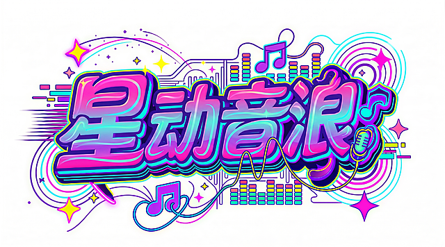 星动音浪主题文字设计，搭配音符、声波和炫彩渐变元素，展现动感音乐氛围，适合音乐节或演唱会宣传使用