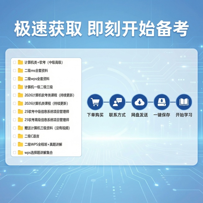 [主图 4] 资料获取流程
[主图主题] 计算机二级资料获取服务流程
[氛围/风格] 简洁清晰，科技感
[画面元素] 浅蓝色科技背景，左侧展示完整的网盘文件夹目录截图，包含多类二级资料内容，右侧时间轴预览效果