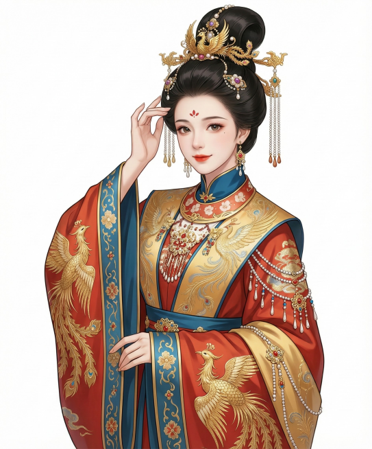 更换女生为另一张漂亮的脸，更换不同款式的高发型，服装更换为同色系装饰的不同款式凤披霞冠，更换动作预览效果