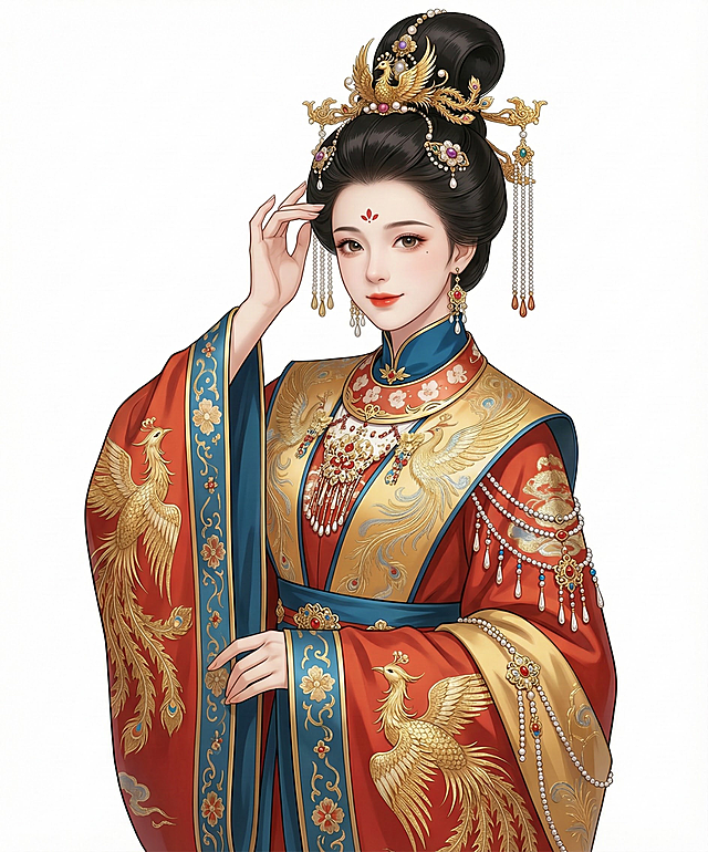 更换女生为另一张漂亮的脸，更换不同款式的高发型，服装更换为同色系装饰的不同款式凤披霞冠，更换动作