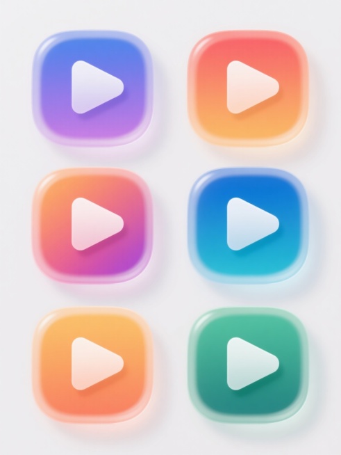 6个不同配色、不同样式、不同材质的「视频播放键」造型图标，采用上下两行对齐排列的布局，整体呈现简洁现代的UI设计风格，每个播放键图标均具有半透明渐变的玻璃拟态质感，搭配清晰的白色三角形播放符号，背景为纯净的浅色，图标边缘有细腻的高光和轻微阴影，营造出轻盈通透且具有层次感的视觉效果，整体设计简洁明了，符合现代数字界面的图标设计美学。预览效果