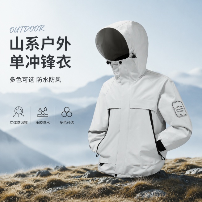[单张主图] 山系户外单冲锋衣电商主图，走高级氛围感路线，同时突出产品功能卖点，适配1688平台。
[画面主体] 月光白色山系户外单冲锋衣居中放置在画面中，主体占比约55%，完整展示衣服整体廓形，左肩预览效果