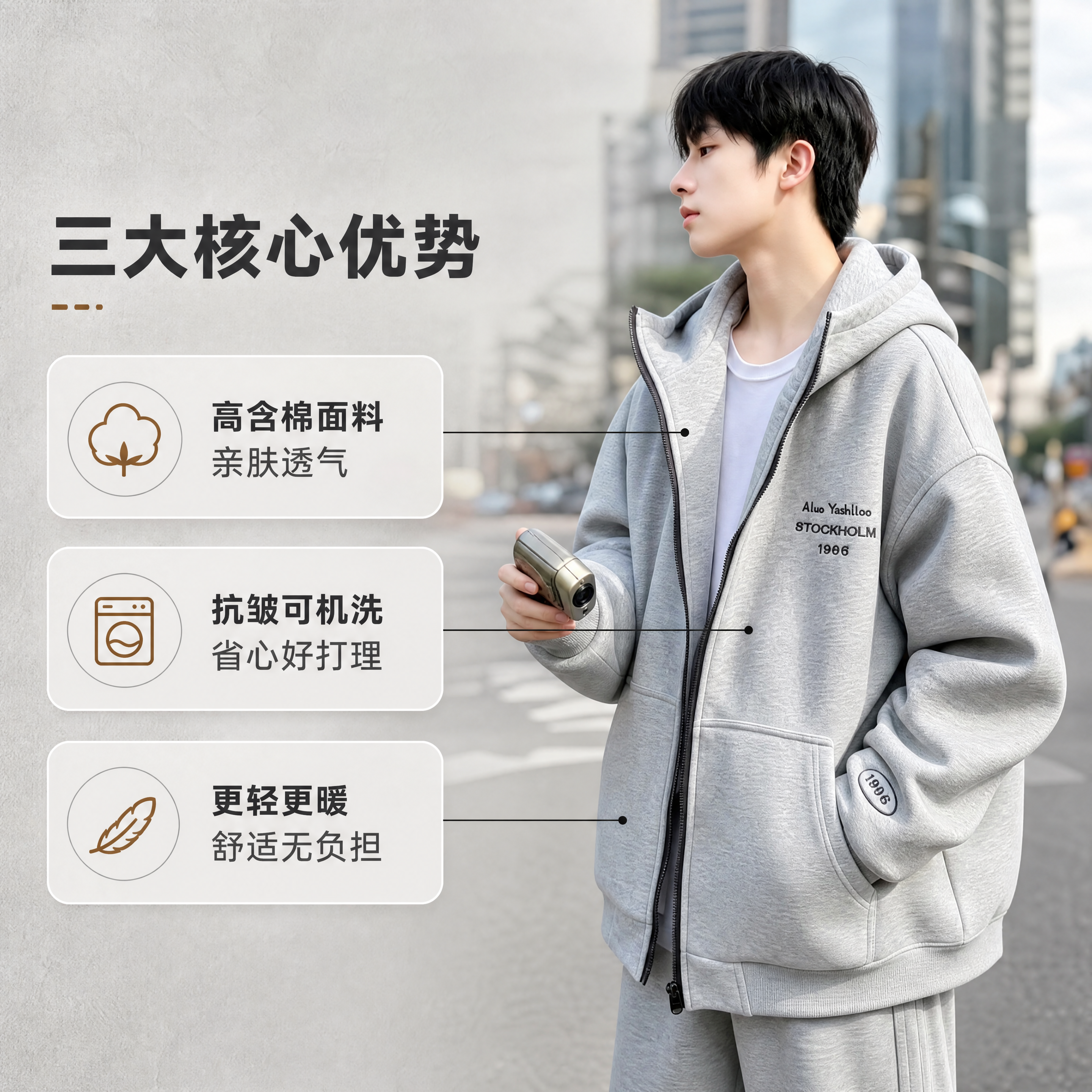 [商品] 使用【图2】浅花灰色连帽拉链棉服，亚洲年轻男模特侧身… - 图片创意预览