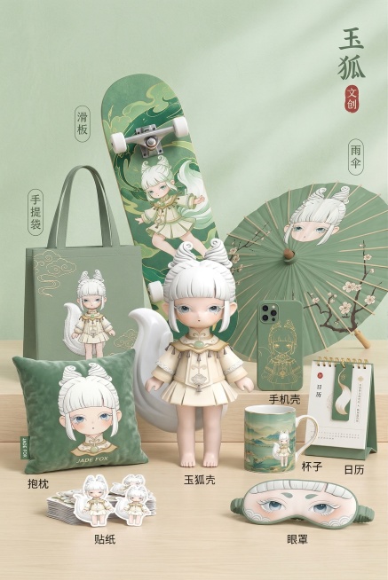 基于图中的国风狐妖小女孩IP，制作包含多种文创周边的集合图，文创物品包括手机壳、手提袋、抱枕、眼罩、贴纸、杯子、日历、滑板、雨伞，将IP形象印在这些文创产品上，主IP形象放置在画面最中间，整体风格为中预览效果