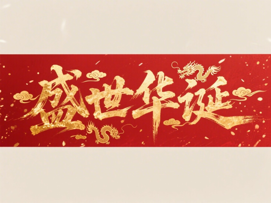 文案“盛世华诞”文字，烫金水墨，金色国风元素，文字横向排列，纯红色背景预览效果
