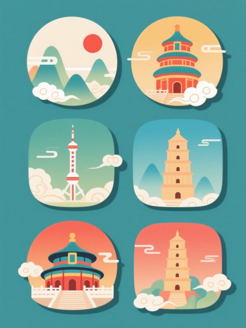 中国风扁平插画风格冰箱贴素材集合，6个不同配色与造型的规整排布设计，纯色背景，整体画面色彩变换，保留标志性建筑元素，每个冰箱贴以圆形或方形为基础轮廓，融入传统祥云、山峦、红日等装饰，采用平滑渐变色彩和简洁线条，呈现天坛、东方明珠、大雁塔等知名建筑的卡通化演绎，色彩明快和谐，具有浓厚的中国传统文化韵味与现代设计感，视觉层次清晰，信息传达高效，适合作为文创产品或家居装饰使用。预览效果