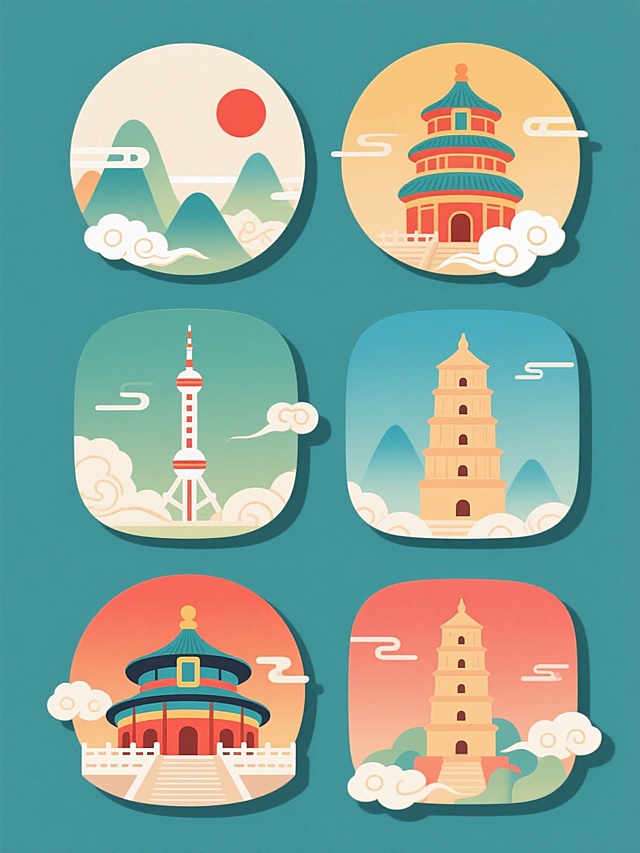 中国风扁平插画风格冰箱贴素材集合，6个不同配色与造型的规整排布设计，纯色背景，整体画面色彩变换，保留标志性建筑元素，每个冰箱贴以圆形或方形为基础轮廓，融入传统祥云、山峦、红日等装饰，采用平滑渐变色彩和简洁线条，呈现天坛、东方明珠、大雁塔等知名建筑的卡通化演绎，色彩明快和谐，具有浓厚的中国传统文化韵味与现代设计感，视觉层次清晰，信息传达高效，适合作为文创产品或家居装饰使用。