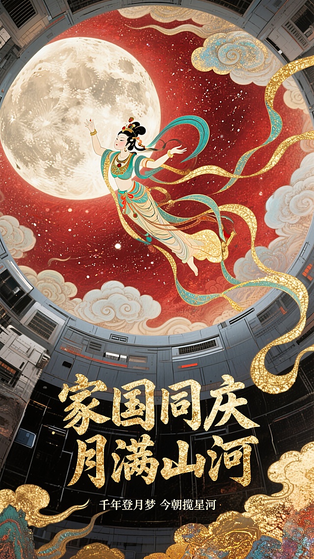 大师级排版设计，字体进行抽象变形，字体流畅且富有艺术感。创意大标题“家国同庆 月满山河”，底部小字“千年登月梦 今朝揽星河”。极致的仰视视角超强纵深透视，螺旋环绕构图，祥云环绕贯穿整个画面，现代的空间站内部，嫦娥呈敦煌飞天姿势从空间站内向红色调的月星空飞去，满月，超强透视。