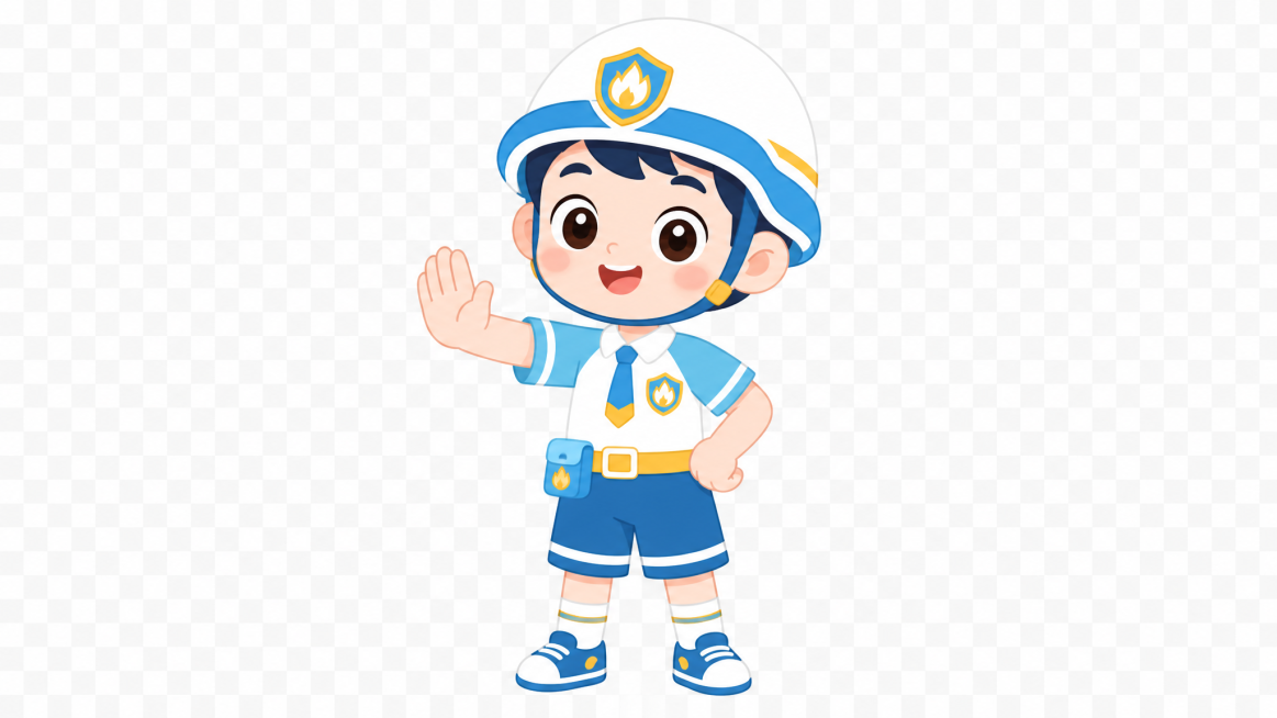 超干净扁平化矢量Q版安全消防小卫士，儿童消防安全科普动画专用人设，整体画风简约统一、圆润童趣，无尖锐线条，色彩明亮柔和。整体为消防主题简约穿搭，主色调天蓝+纯白+淡黄点缀，造型活泼正气、温柔可爱，适配预览效果