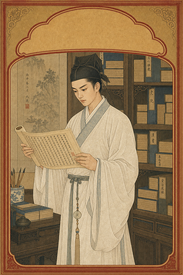 Vertical character identity card in Ming dynasty gongbi figure painting style, 400×600px, warm amber-gold silk ground, cinnabar-red double border frame, arched cartouche at top for name text. Young male scholar in white robe, standing reading an open scroll, brow slightly furrowed in concentration, background with bookshelf of thread-bound volumes. Classical Ming proportions, iron-wire line faces with fine feature detail, silk folds with layered mineral wash shading, 8K high detail.