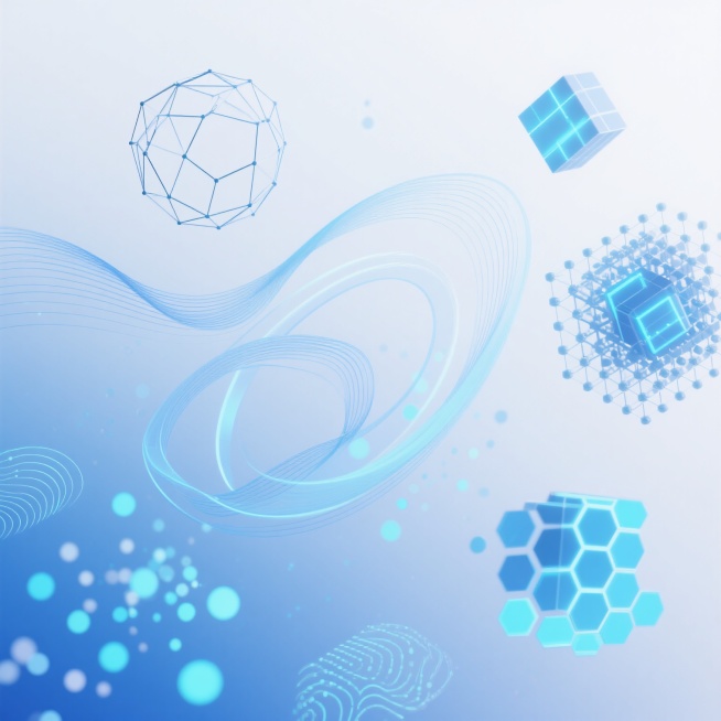 极简科技风格背景，由蓝色渐变线条和发光粒子构成，包含完全不同形态的科技感元素：几何多边形网格结构、立体数据流环、量子纠缠状线条、六边形蜂窝状发光模块、3D旋转立方体阵列、动态脉冲波纹、矩阵光斑投射效果，整体保持轻盈通透的视觉效果，线条流畅且具有未来感，粒子光点均匀分布，色调以浅蓝到深蓝的渐变为主，光影柔和，背景纯净白色，营造出高科技、数字化的抽象氛围。预览效果
